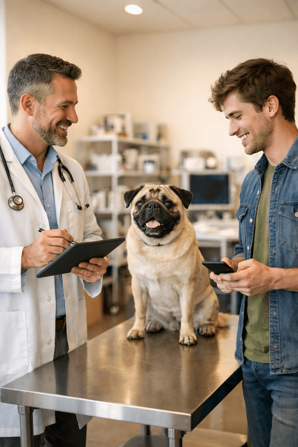 Veterinario atendiendo a un perro junto a su dueño en una clínica